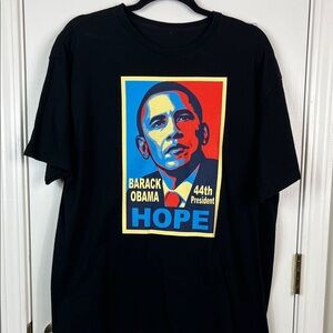 Barack Obama 44th Pres. black short sleeved tee shirt chest size 22”. Med/large